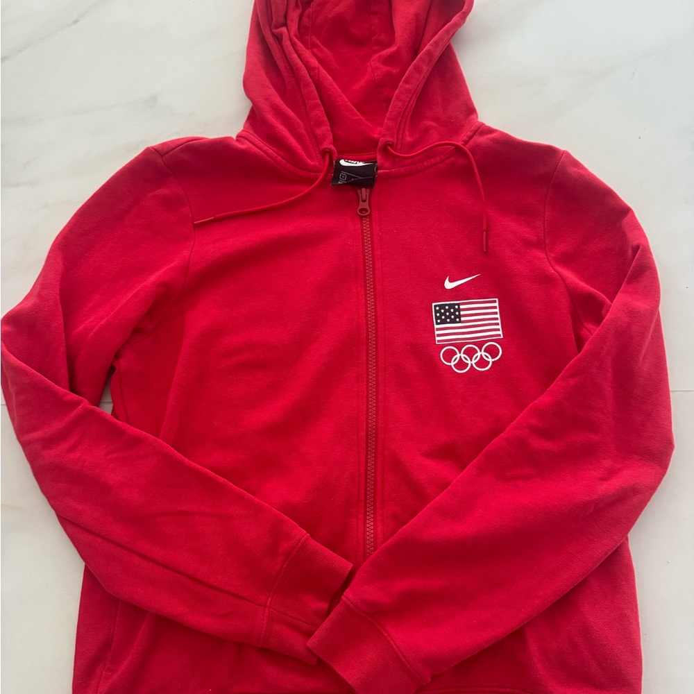 Nike Red Hooded Zip Sweatshirt with Black Logo Tag